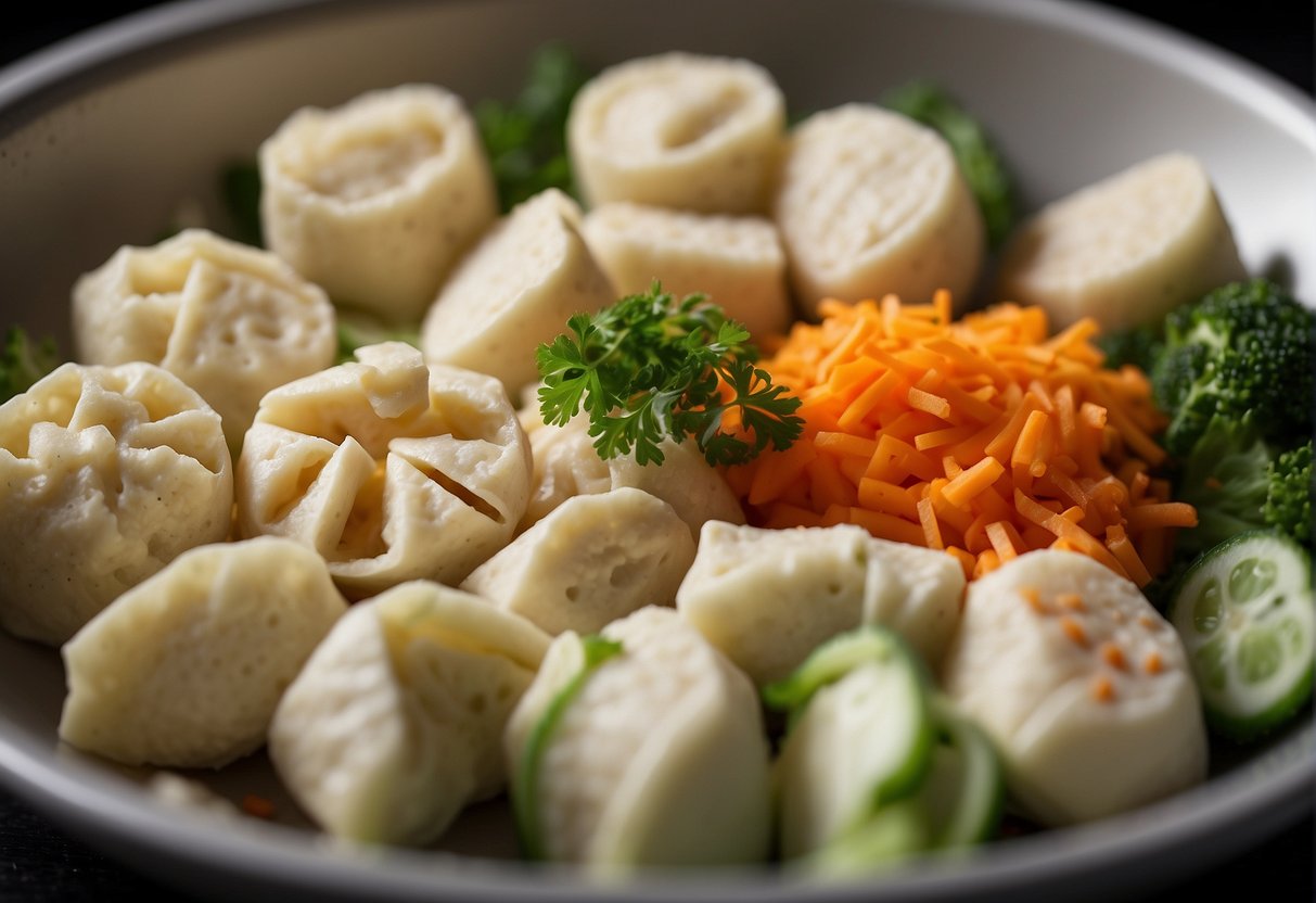Fresh vegetables chopped, tofu crumbled, and seasonings mixed in a bowl. Dough rolled out and cut into circles. Ingredients spooned onto each circle and folded into dumplings