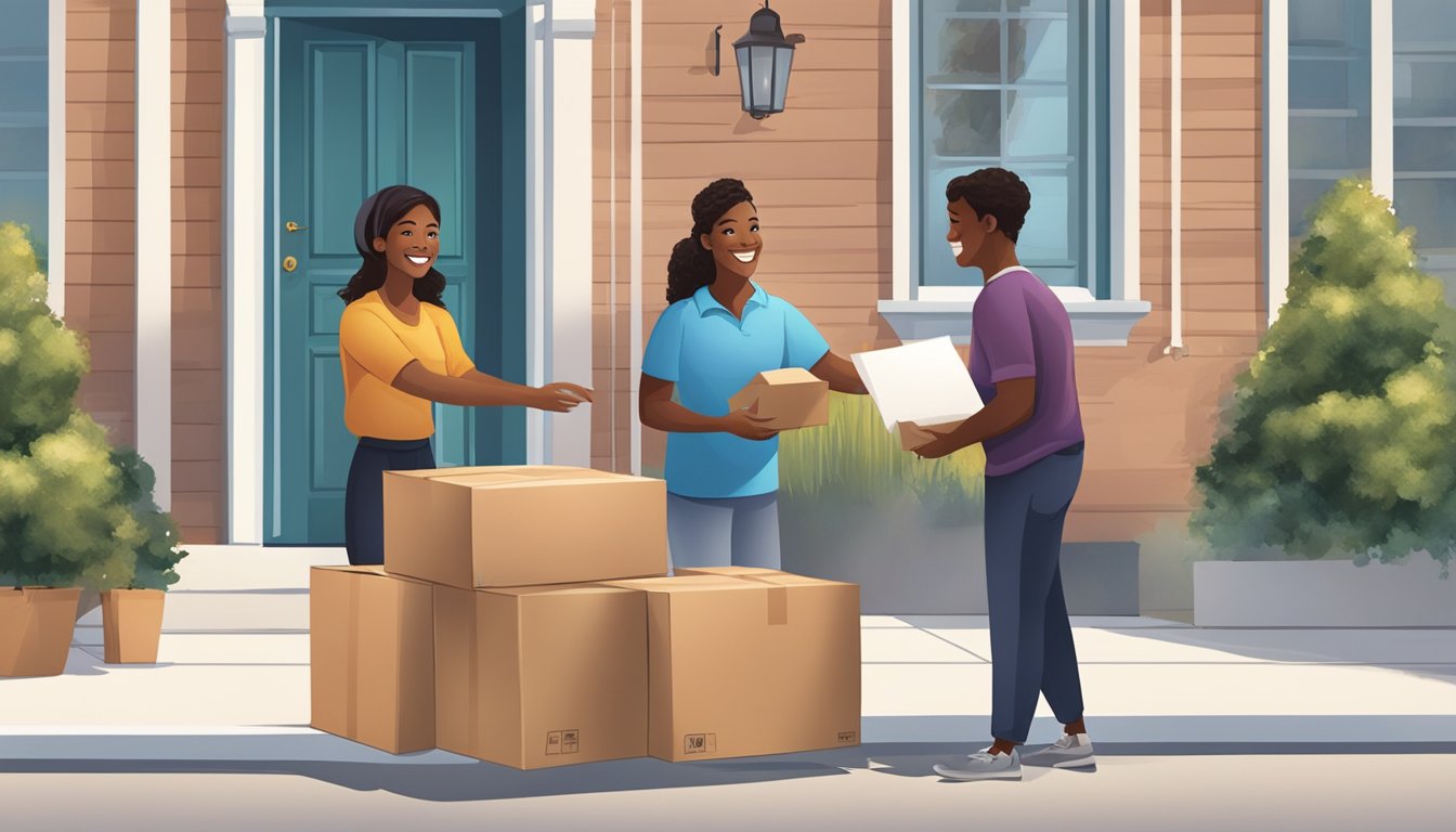 A package is delivered to a doorstep with a note of gratitude. A customer service representative is shown assisting a shopper with a smile