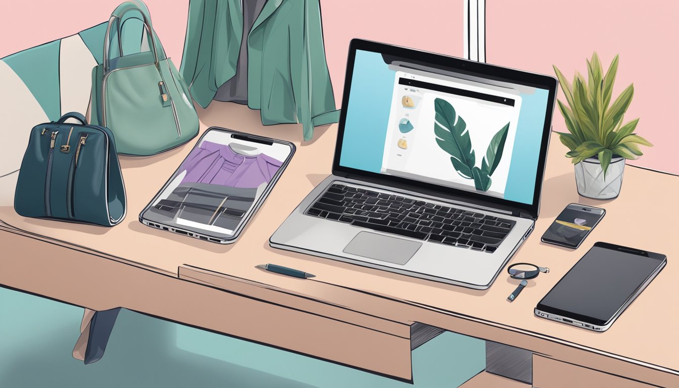 A laptop and mobile phone on a desk, with a variety of stylish women's clothing items displayed on the screen