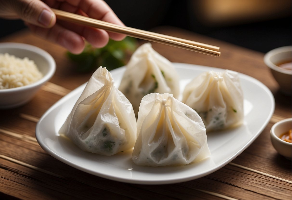 A pair of chopsticks skillfully wraps a fresh, plump dumpling in a thin, translucent wrapper, sealing the filling inside with precise folds