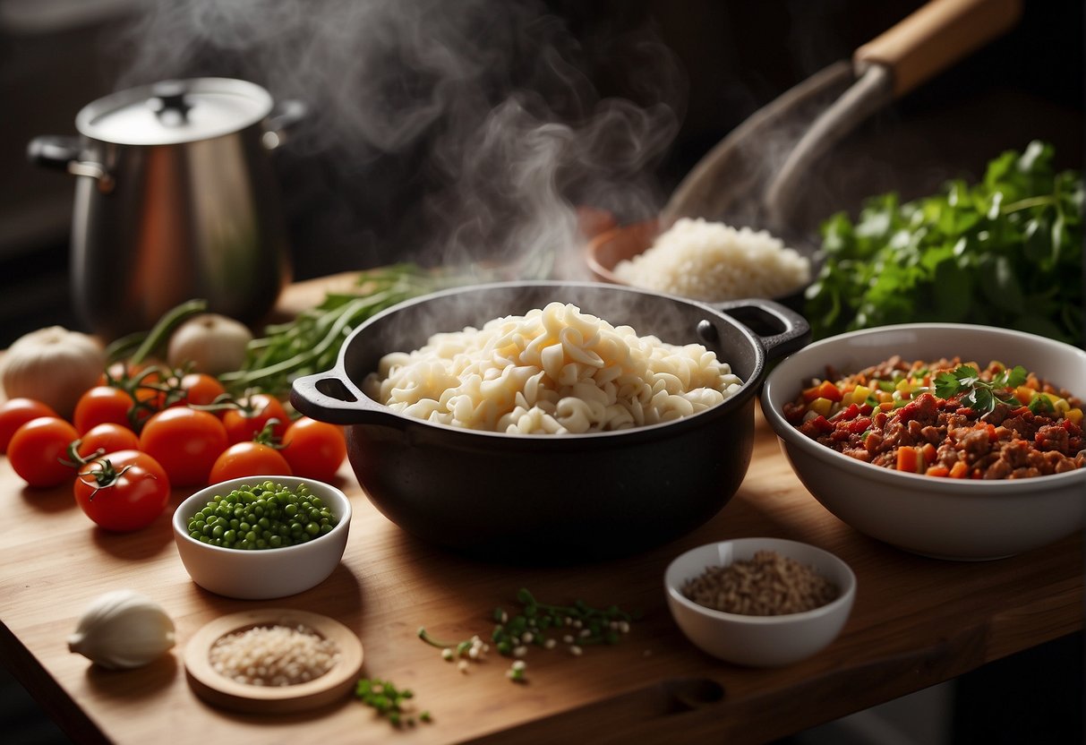 An array of fresh ingredients arranged on a wooden cutting board, including minced vegetables, ground meat, and seasonings. A pot of boiling water steams in the background, ready for the dumplings