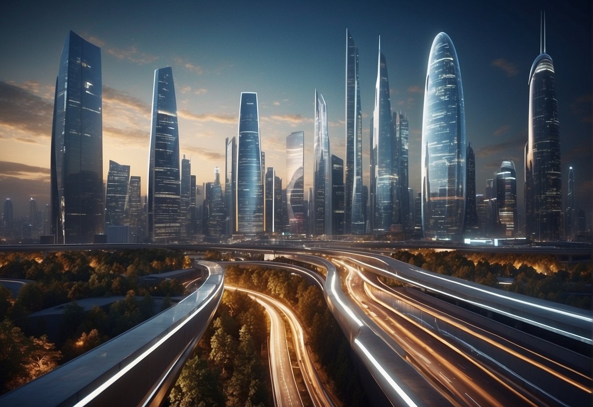 A futuristic city skyline with AI-powered marketing campaigns displayed on digital billboards. Data streams and algorithms visible in the background