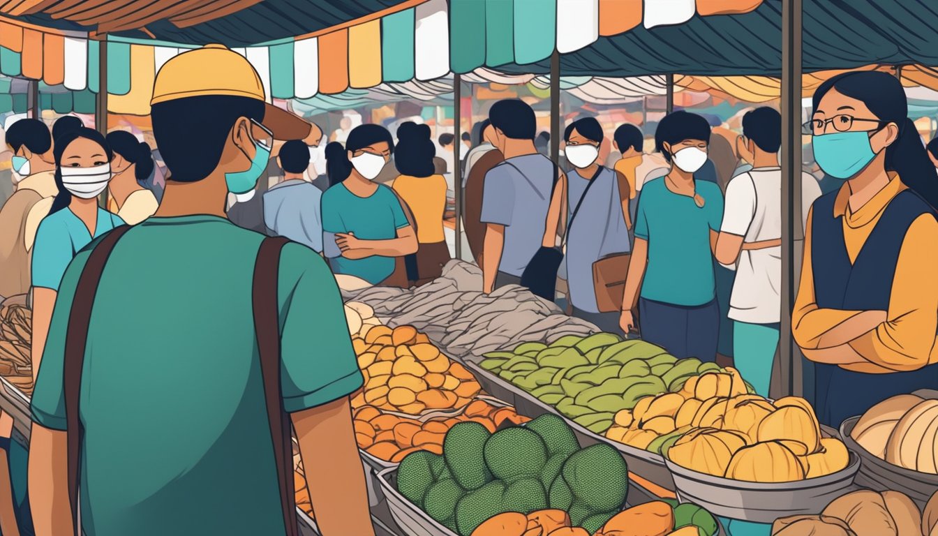 A crowded marketplace with people wearing pitta masks in Singapore. Various vendors display the masks for sale in colorful stalls