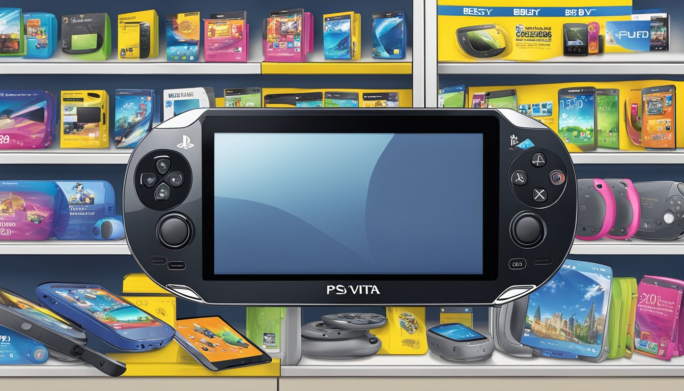 A PS Vita displayed on a shelf at Best Buy, surrounded by other electronic devices