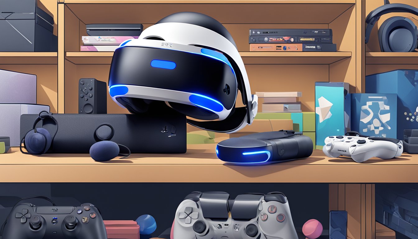 A PlayStation VR bundle sits on a shelf at Best Buy, surrounded by other gaming accessories and electronics