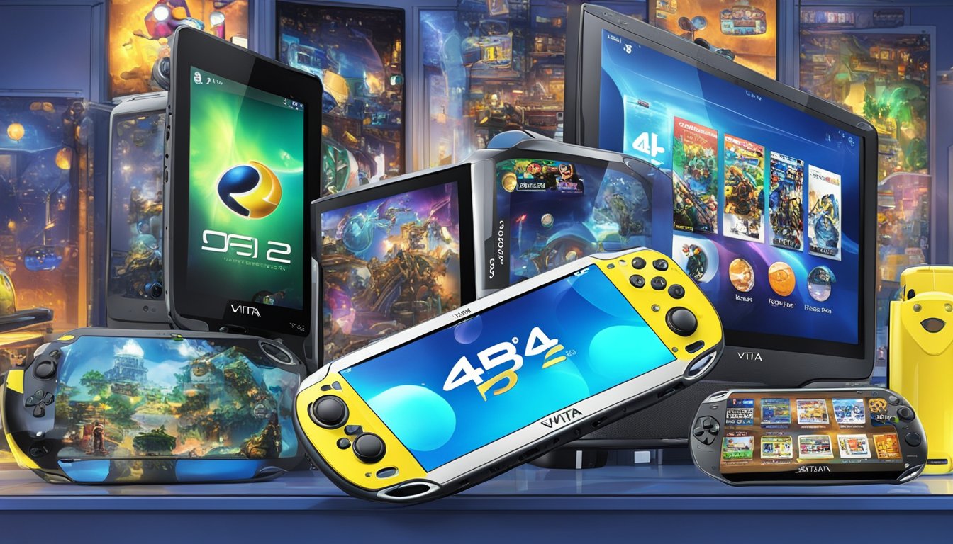 The PS Vita sits on a display shelf at Best Buy, surrounded by other gaming devices and accessories. Bright lights illuminate the sleek handheld console, showcasing its modern design