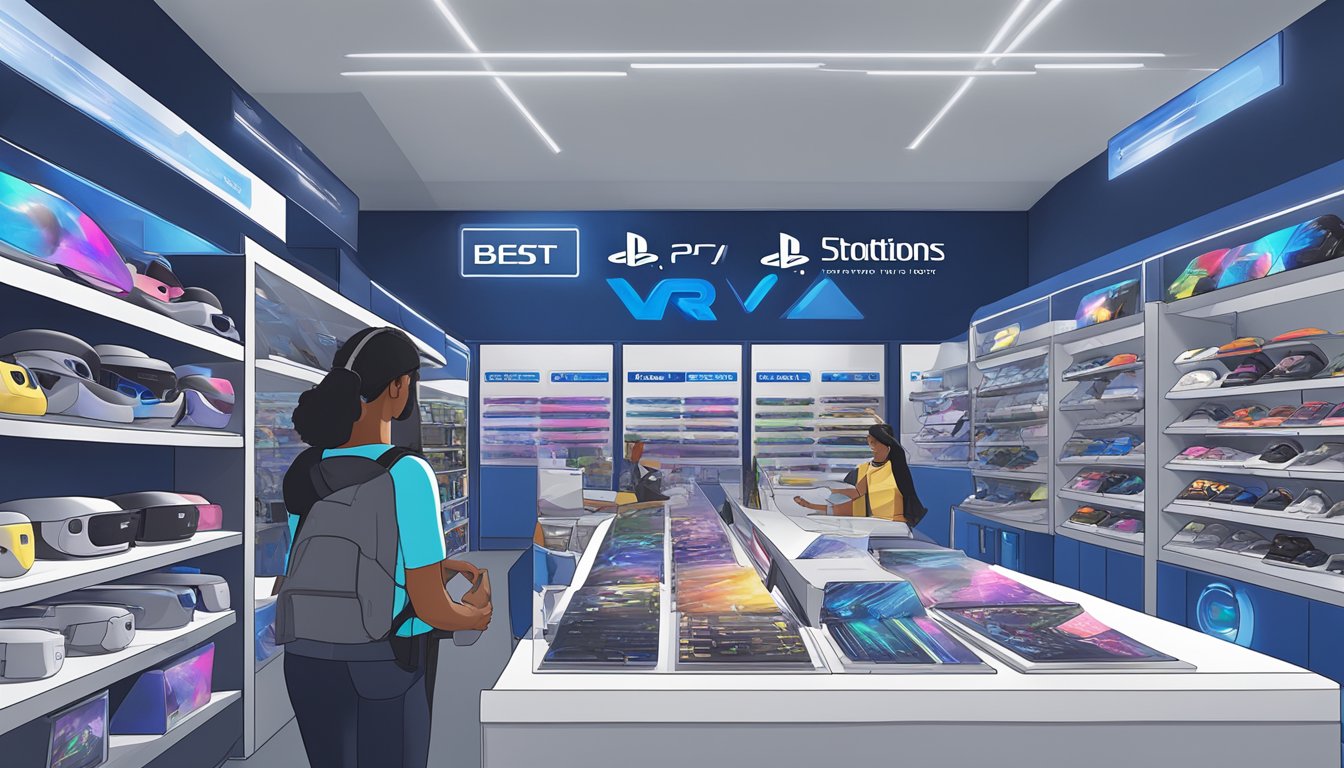 A person selects from various PlayStation VR bundle options at a Best Buy store