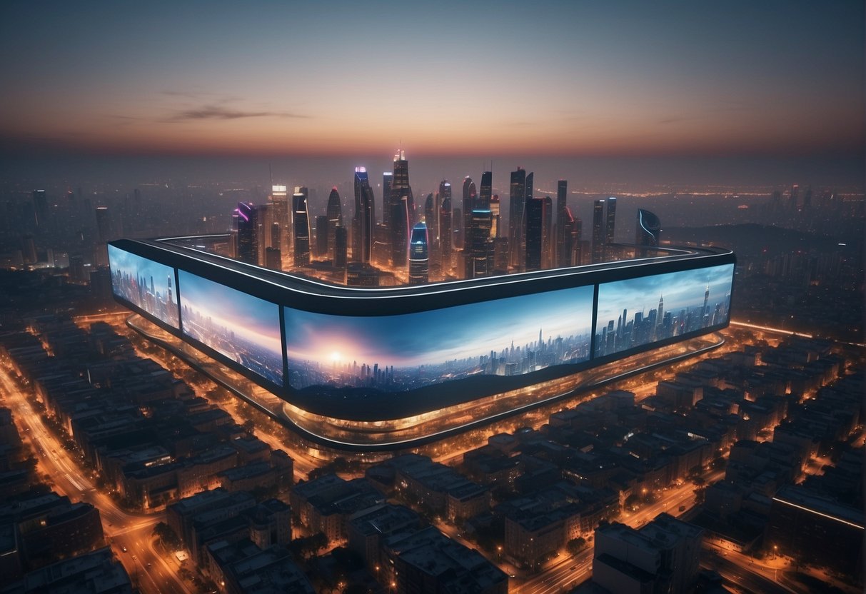 A futuristic city skyline with AI-powered billboards and holographic advertisements, showcasing the integration of artificial intelligence in content marketing