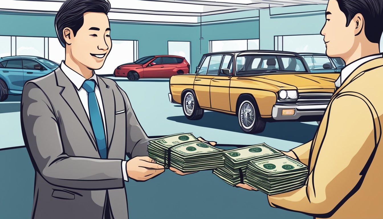 A person handing over money to a car dealer in a showroom in Singapore