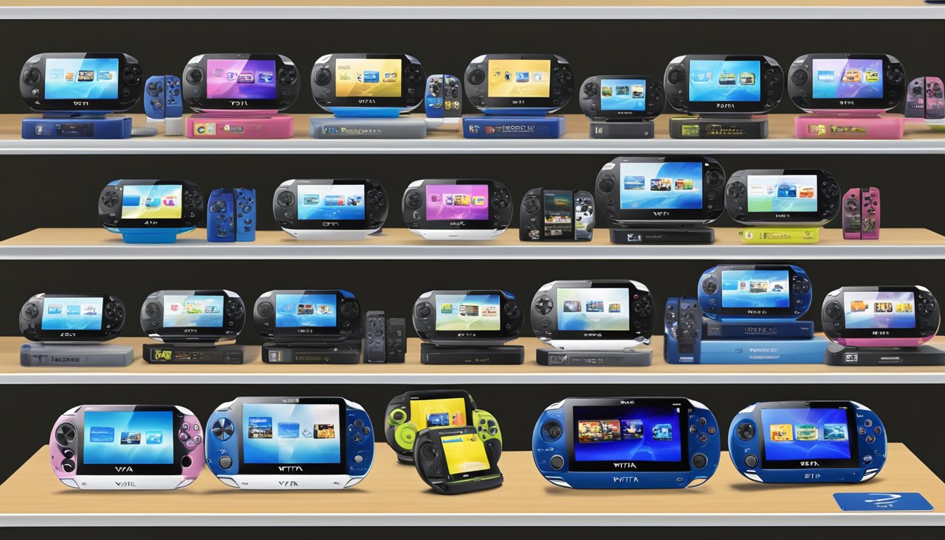 A stack of PS Vita consoles displayed on shelves at Best Buy, with a sign above reading "Frequently Asked Questions" in bold lettering