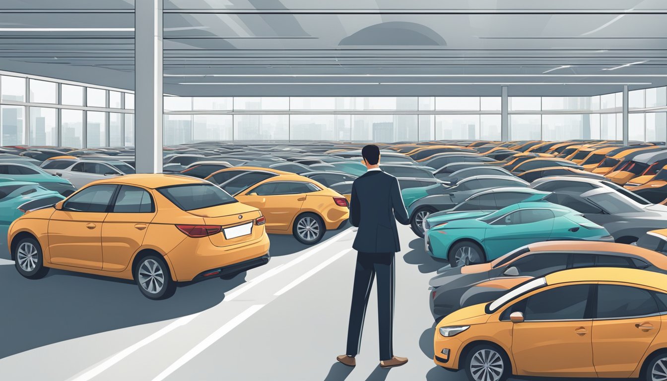 A customer browsing through rows of cars at a dealership in Singapore, carefully inspecting each vehicle before making a decision