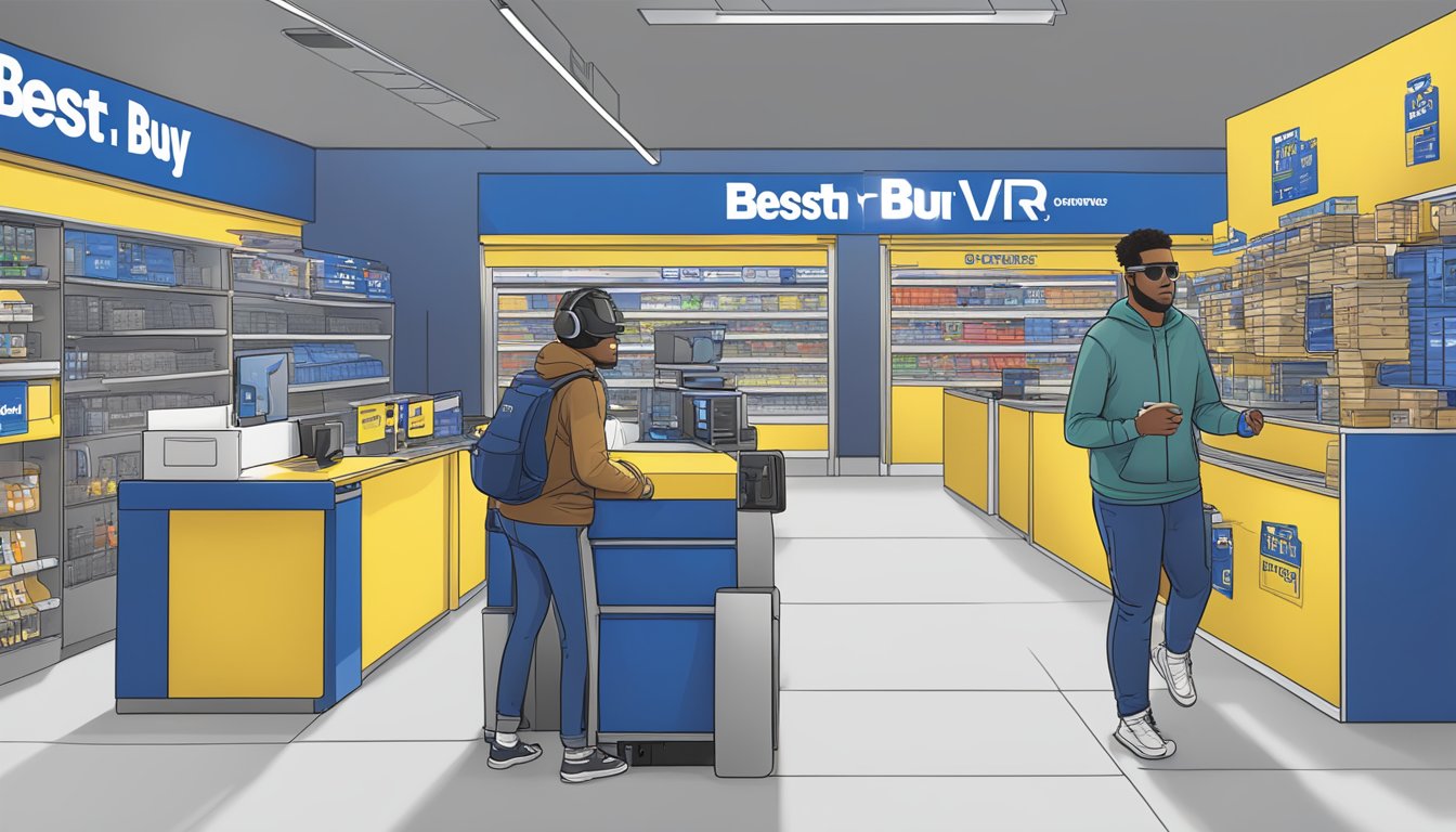 A customer enters Best Buy, selects a PlayStation VR bundle, and provides shipping details at the checkout counter