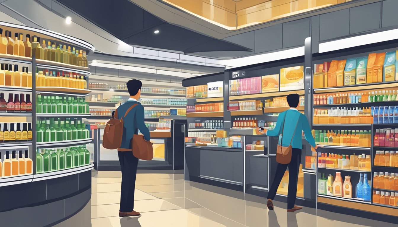A traveler purchases duty free alcohol at a Singapore airport shop