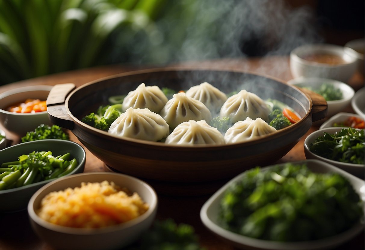 A steaming bamboo steamer filled with freshly made Chinese dumplings, surrounded by vibrant green vegetables and a variety of colorful dipping sauces