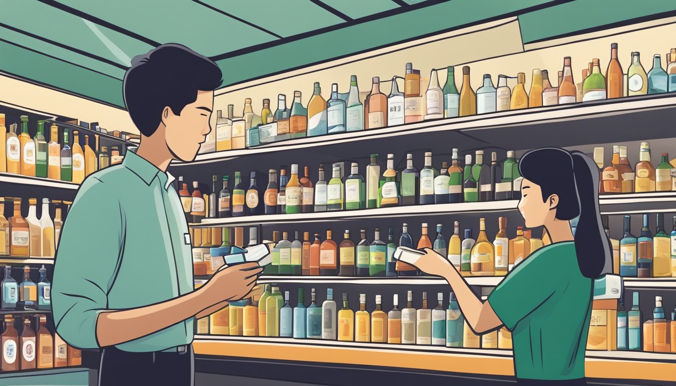 A traveler selects duty-free alcohol from shelves in a Singapore airport shop. Signs display prices and promotions. The cashier assists another customer