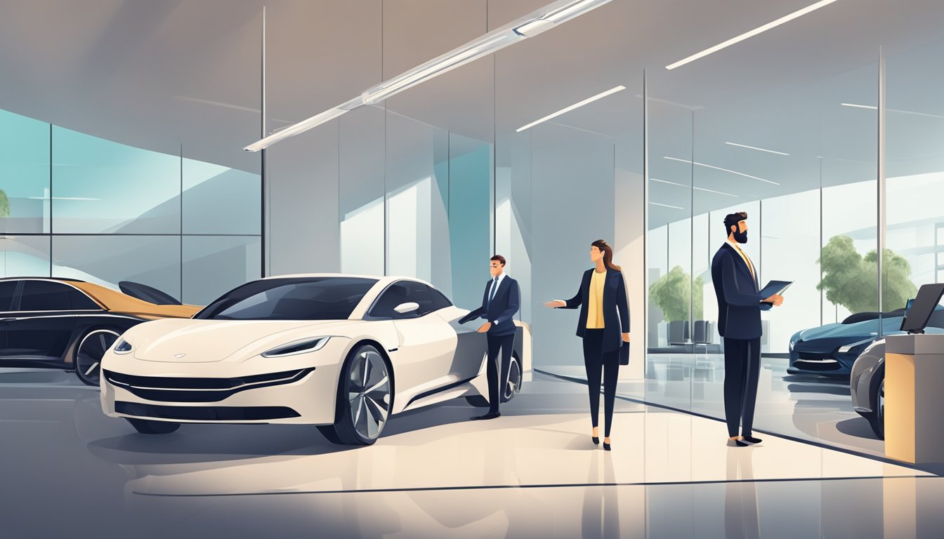 A customer walks into a sleek car showroom, greeted by a salesperson. They discuss options, test drive a few models, and finally sign paperwork at a desk