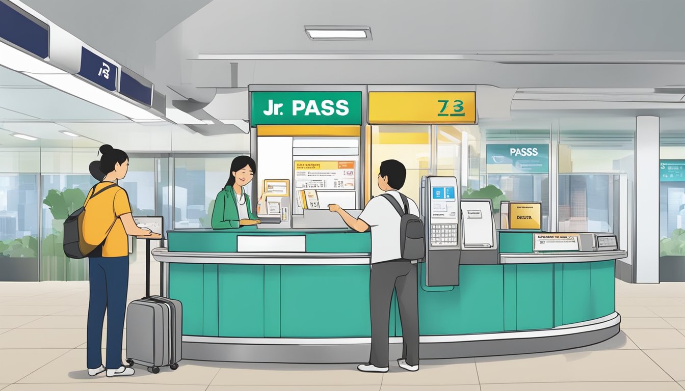 A traveler purchasing a JR Pass at a ticket counter in Singapore, with a clear sign indicating "JR Pass Sales" and a helpful staff member assisting