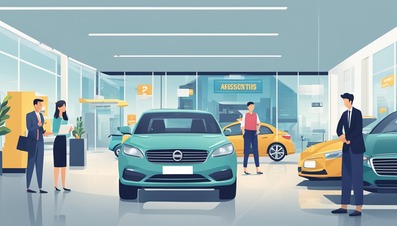 A car showroom with a sign "Frequently Asked Questions" in Singapore. Customers browsing cars, sales staff assisting