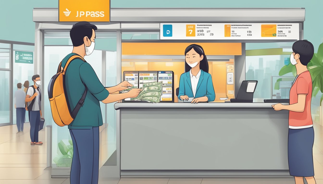 A traveler at a ticket counter in Singapore, handing over money and receiving a JR Pass. Display signs indicate the availability of the pass