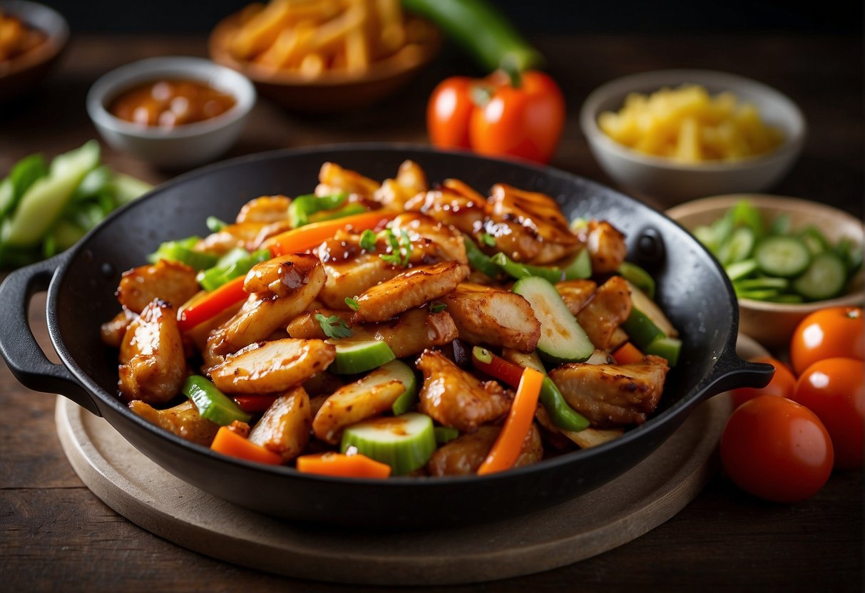 A sizzling hot wok fries marinated chicken pieces with garlic, ginger, and soy sauce, while a medley of colorful vegetables waits to be added