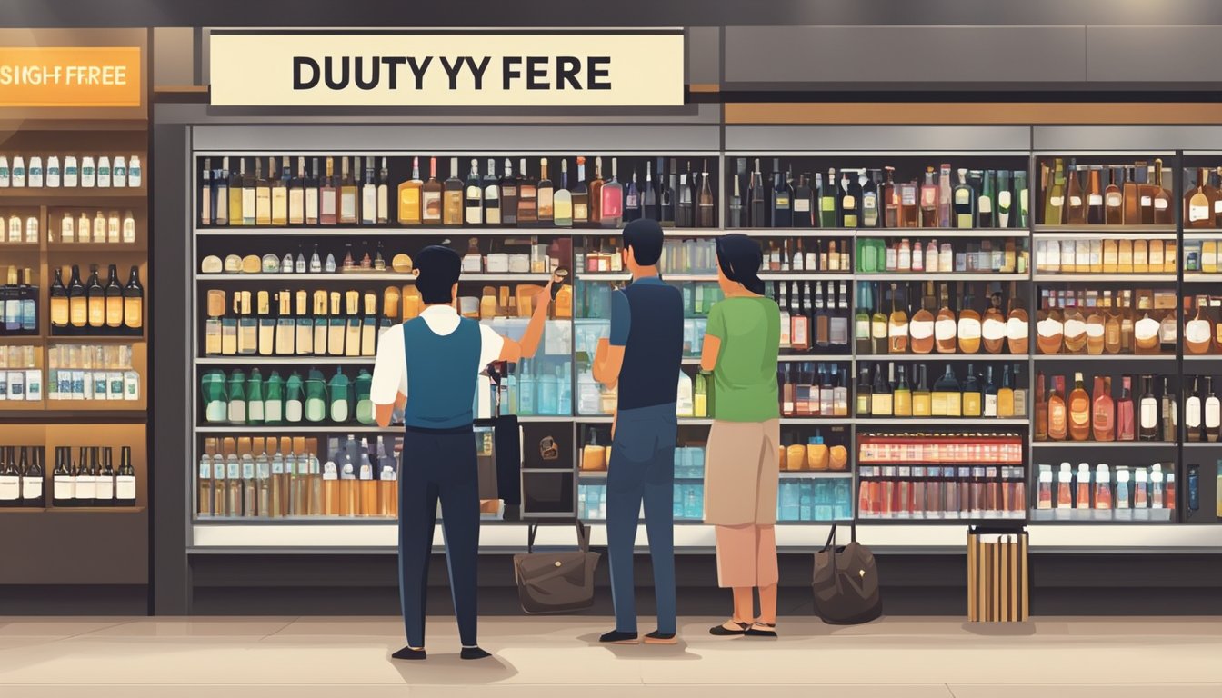 A person is fined for purchasing duty-free alcohol in Singapore. Signs display regulations and penalties