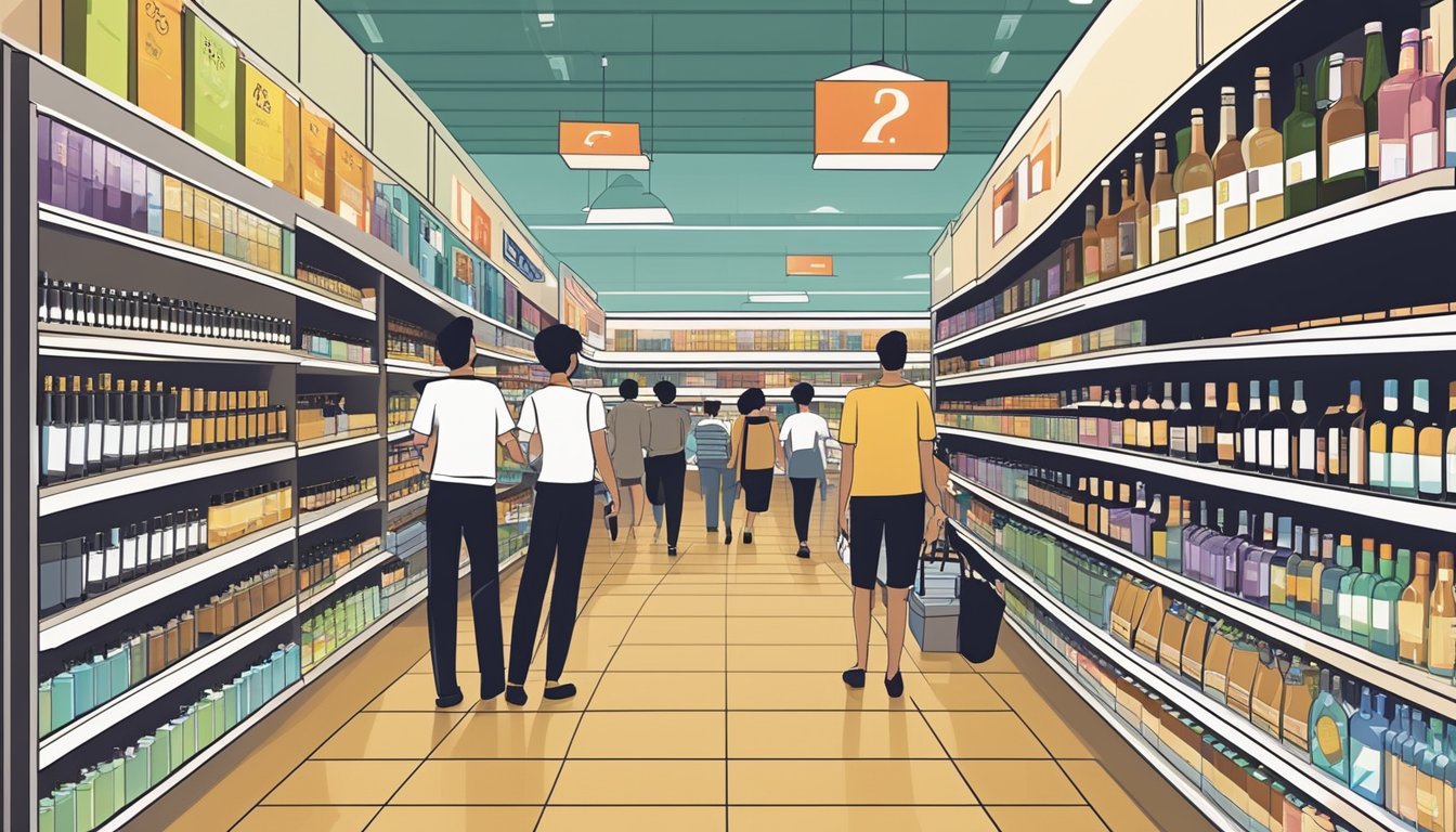 Customers browsing duty free alcohol shelves in a Singapore store, with signs highlighting frequently asked questions about buying