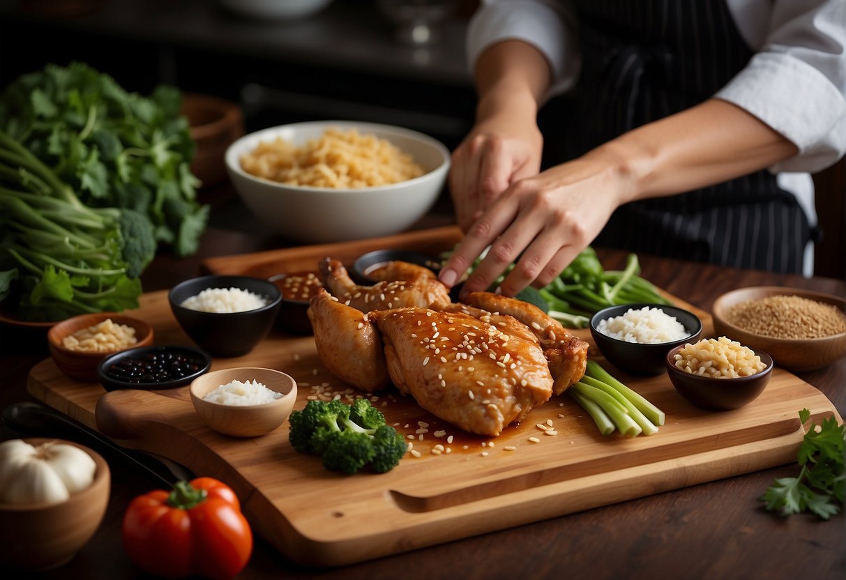 A chef prepares Chinese chicken chop with soy sauce, ginger, and garlic. Ingredients are laid out on a wooden cutting board