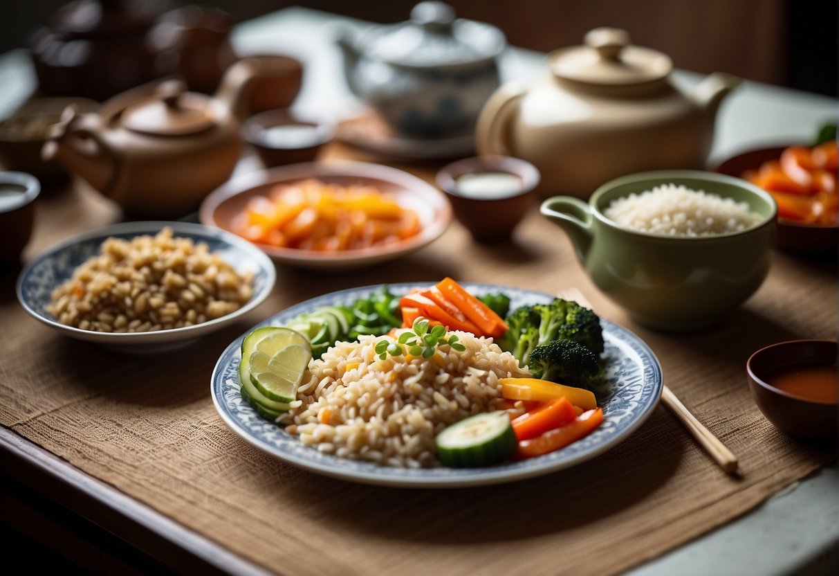 A table set with colorful stir-fried vegetables, steamed fish, and brown rice. Chopsticks rest on a patterned placemat, with a teapot and small bowls of sauce nearby