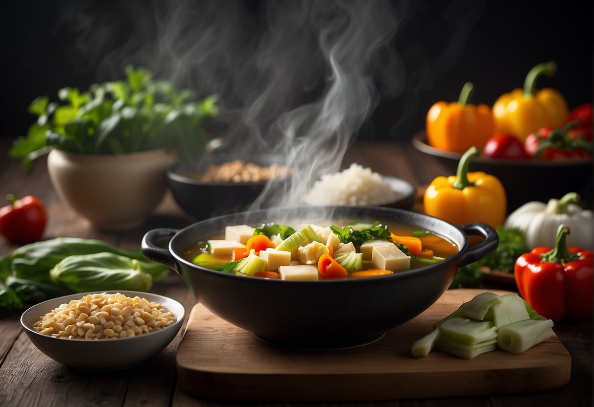 A table set with colorful, fresh ingredients like bok choy, tofu, and bell peppers. Steam rises from a bowl of steaming hot and fragrant soup