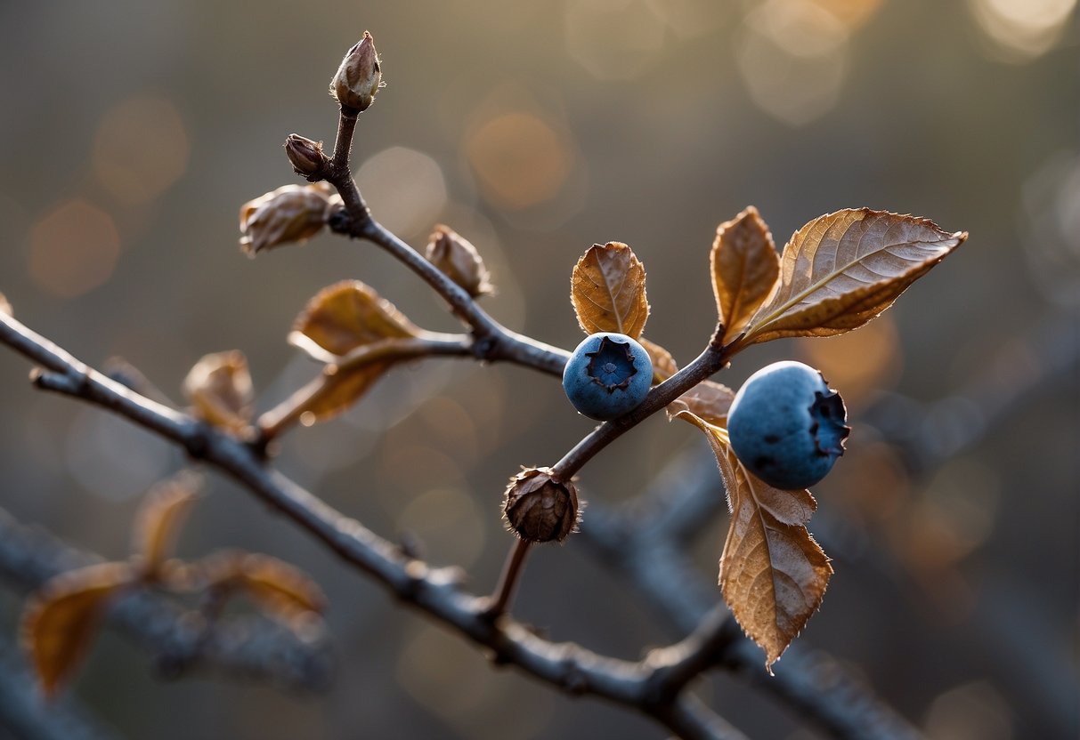 A withered blueberry bush with dry, brittle branches and no signs of new growth
