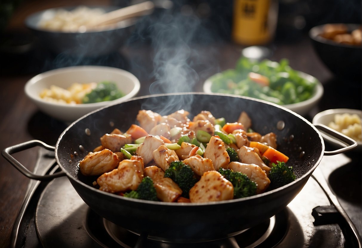 A wok sizzles with marinated chicken, ginger, and garlic. Soy sauce and spices are added, creating a rich aroma. Chopped vegetables wait nearby