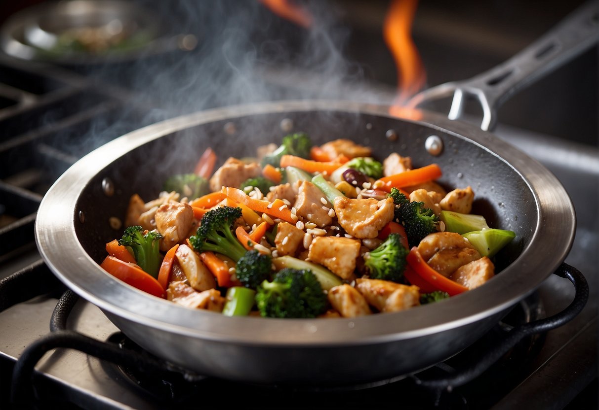 A wok sizzles as chicken, vegetables, and sauce are stir-fried together. Steam rises, filling the kitchen with savory aromas