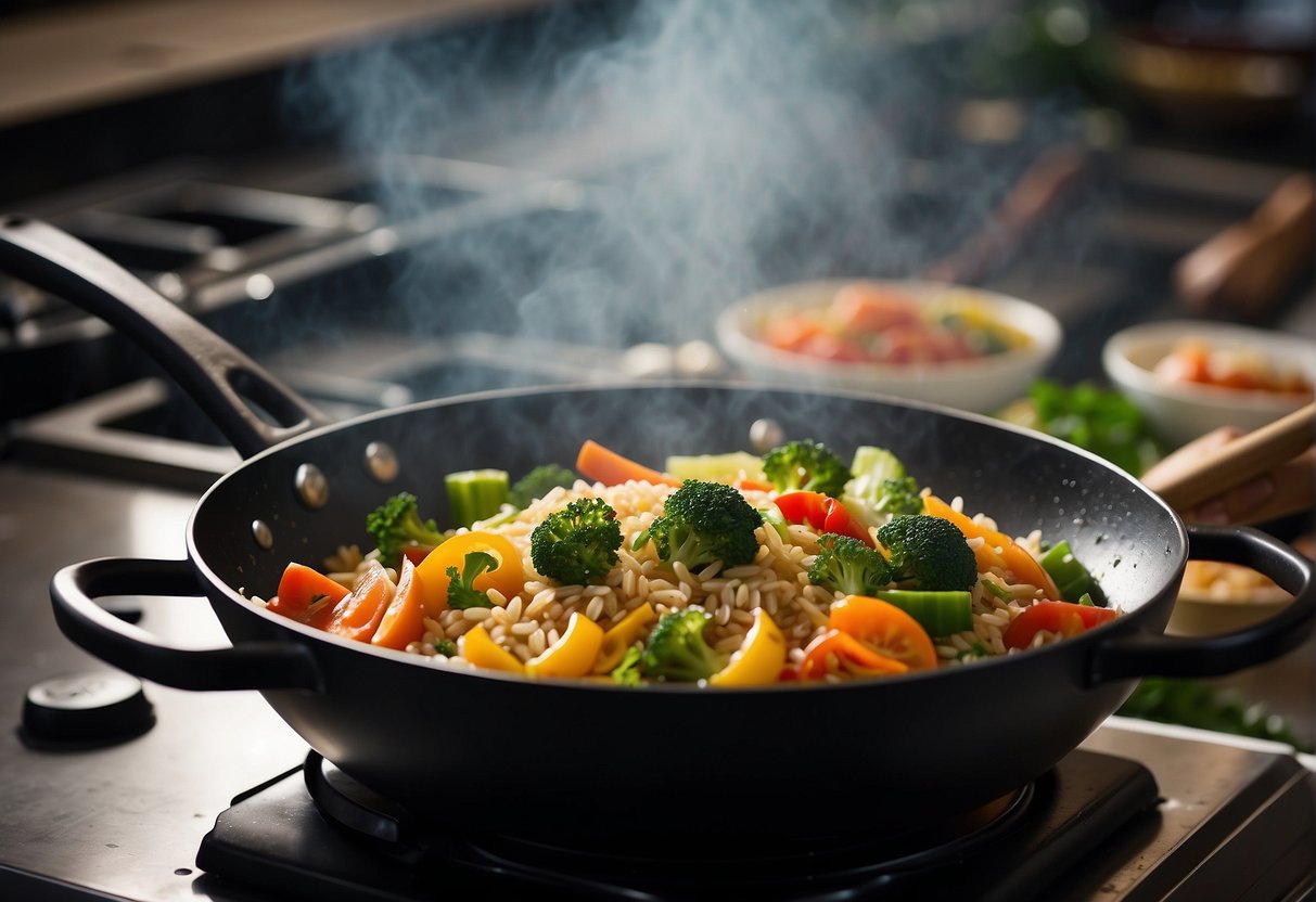 A wok sizzles with stir-frying veggies and lean protein. Steam rises as a pot of brown rice cooks. Fresh herbs and spices line the counter