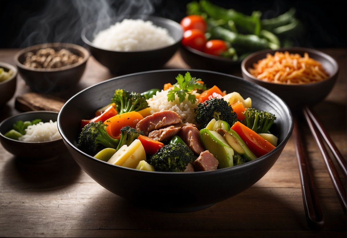 A table set with colorful, steaming dishes of stir-fried vegetables, lean meats, and steamed rice. A wok and chopsticks sit nearby