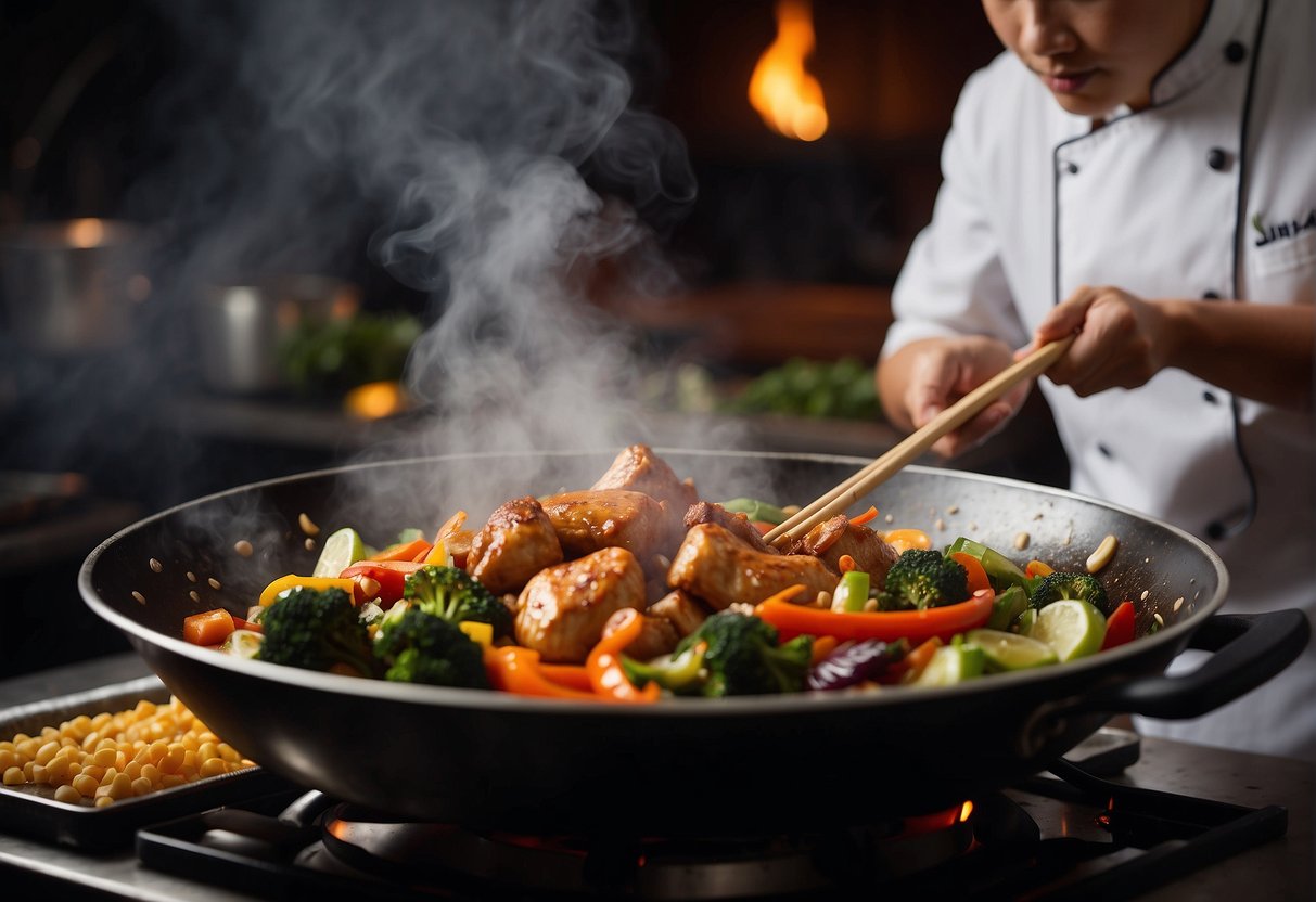 A wok sizzles as the chef tosses marinated chicken with vegetables and a savory sauce, creating a fragrant cloud of steam