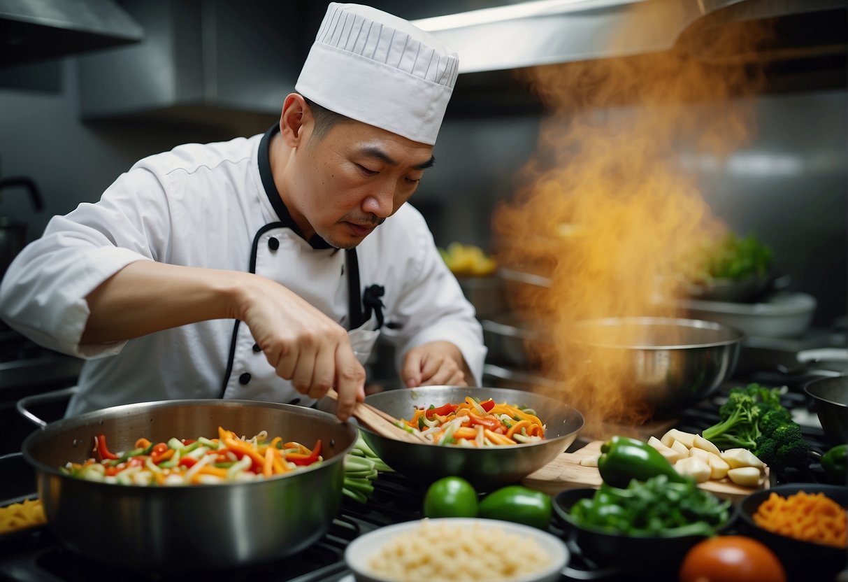 A Chinese chef prepares a colorful stir-fry of chicken, vegetables, and savory sauce in a bustling kitchen, capturing the essence of the traditional chop suey recipe