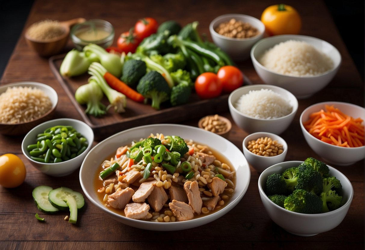 A table with various ingredients for Chinese chicken chop suey recipe, including chicken, vegetables, soy sauce, and rice