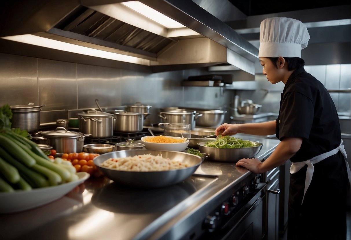 A chef chopping vegetables for Chinese chicken chop suey. Bowls of marinated chicken and sauces on the counter. Cooking utensils and wok on the stove