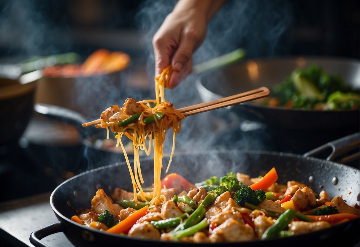 Sizzling wok stir-frying chicken, vegetables, and sauce. Steam rising, vibrant colors, aroma filling the kitchen. Finishing touch of garnish
