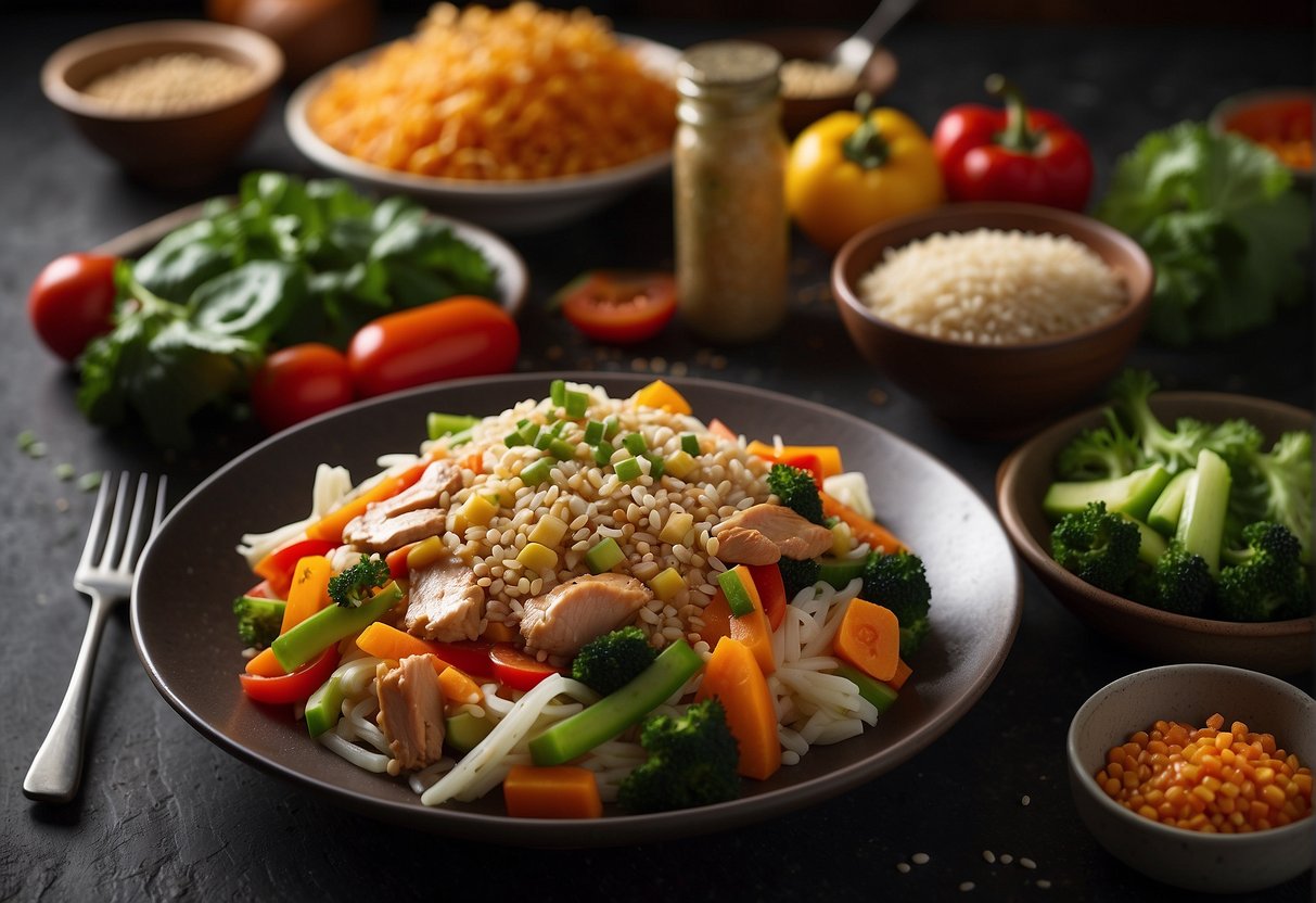 A steaming plate of Chinese chicken chop suey surrounded by colorful vegetables and garnished with sesame seeds