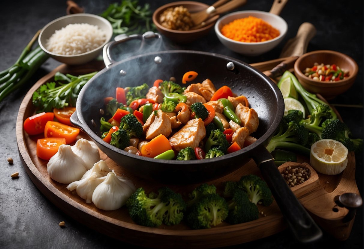A sizzling wok filled with colorful stir-fried vegetables and tender chunks of chicken, surrounded by traditional Chinese cooking utensils and ingredients