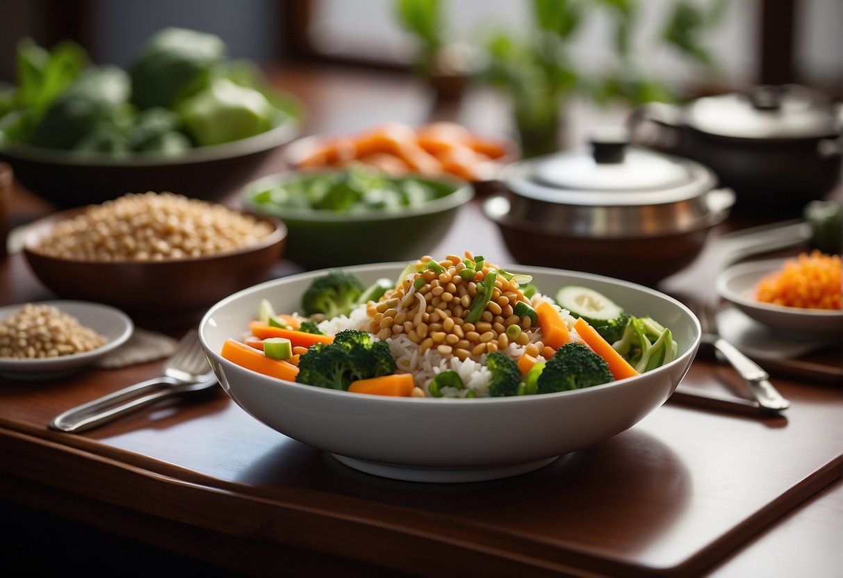 A table set with a variety of colorful and nutritious Chinese dishes, including steamed vegetables, lean protein, and whole grains