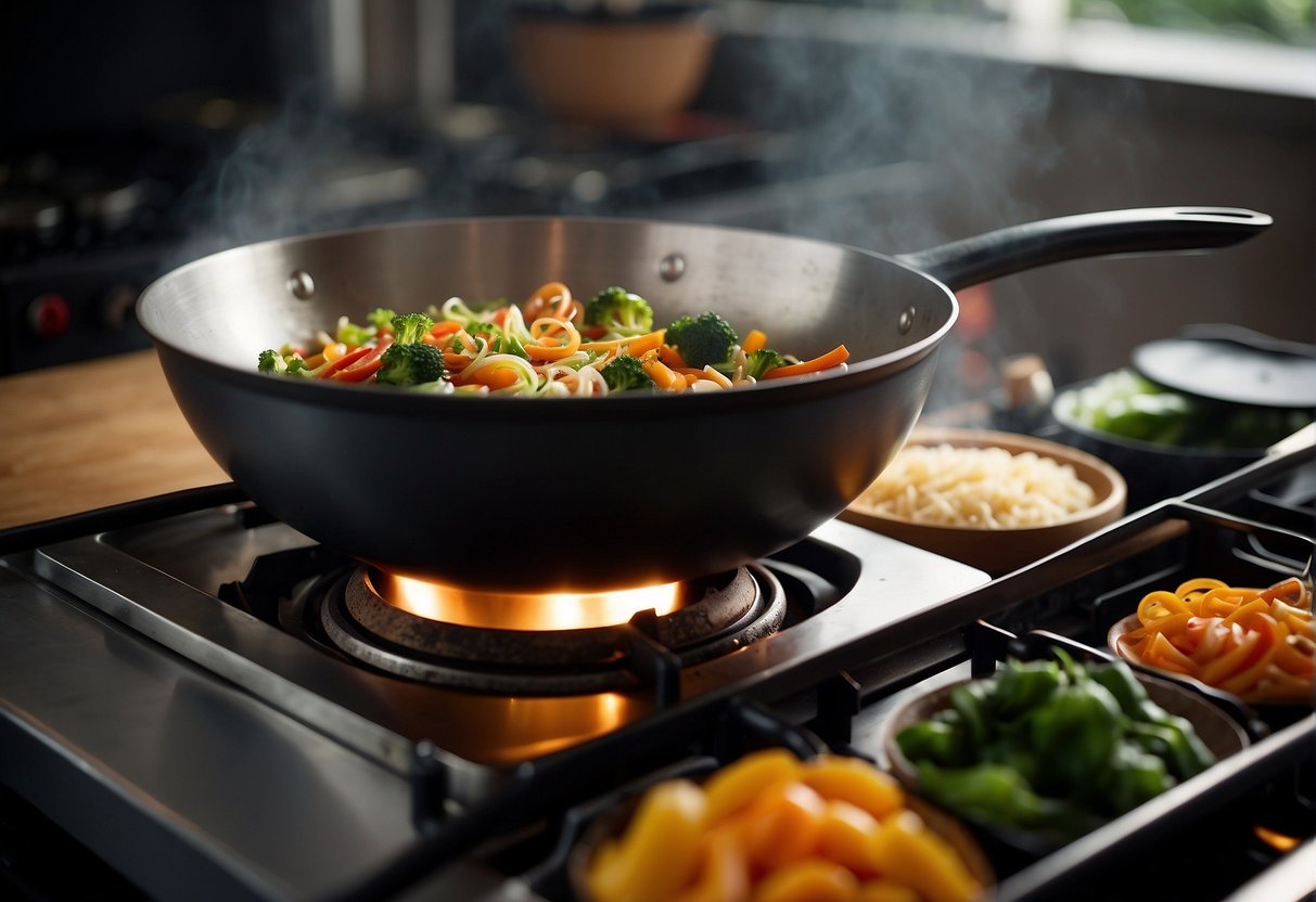 A wok sizzles on a gas stove as fresh vegetables and lean protein are stir-fried with aromatic spices. Steam rises from the bubbling pot of rice nearby, filling the kitchen with the fragrant scent of healthy Chinese cuisine