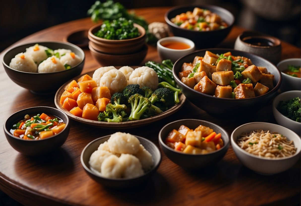 A table spread with various colorful and delicious Chinese dishes, including steamed vegetables, stir-fried tofu, and savory dumplings