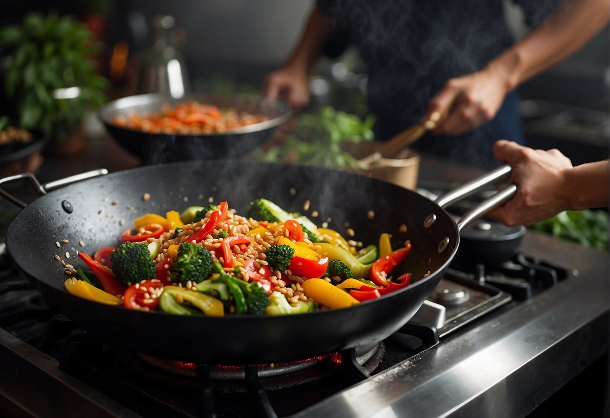 A wok sizzles over high heat, stir-frying colorful veggies and lean protein. A chef adds a splash of soy sauce and a sprinkle of sesame seeds for flavor