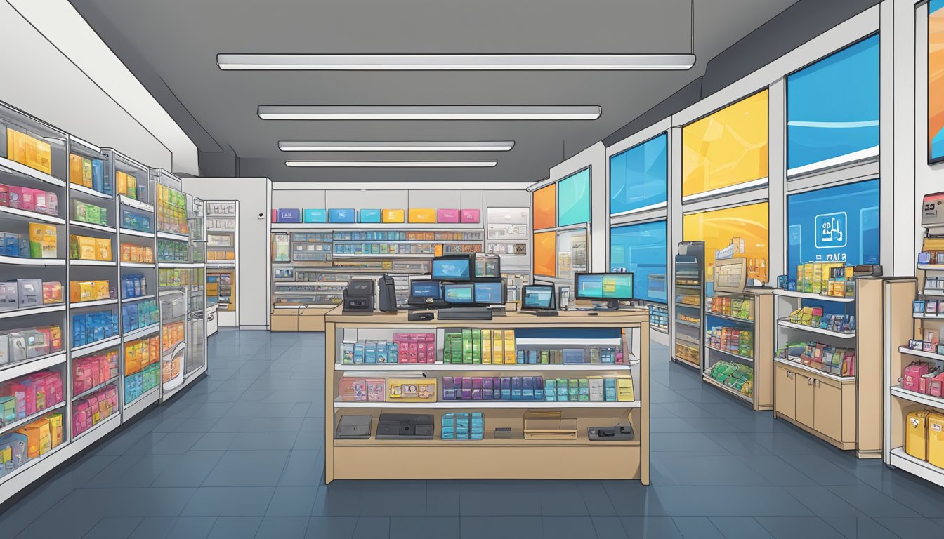 A Samsung Galaxy phone on display at Best Buy, surrounded by various electronic accessories and a bright, well-lit store environment