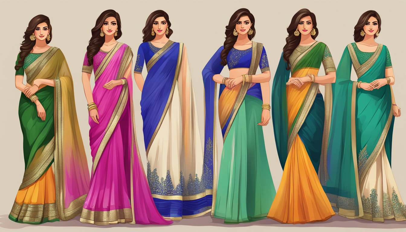 A vibrant saree gown displayed on a sleek online shopping website