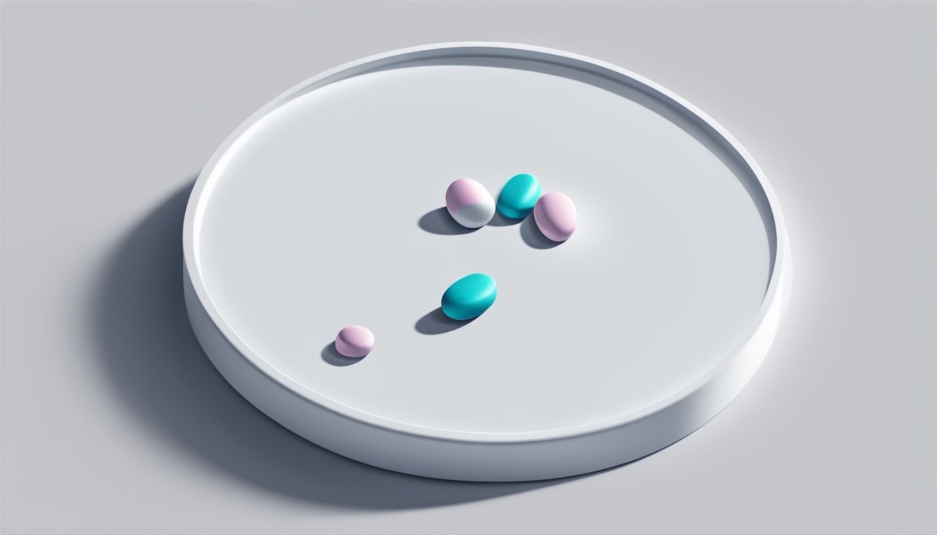 A small, circular tablet of Rohypnol sits on a clean, white surface, surrounded by a few scattered pills. The lighting is soft, casting a gentle shadow beneath the pill