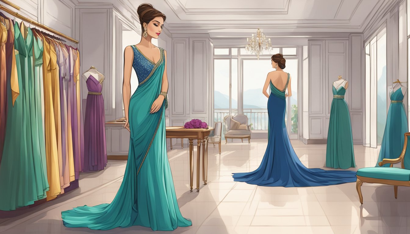 A woman admires a stunning saree gown, draped elegantly on a mannequin, in a luxurious boutique