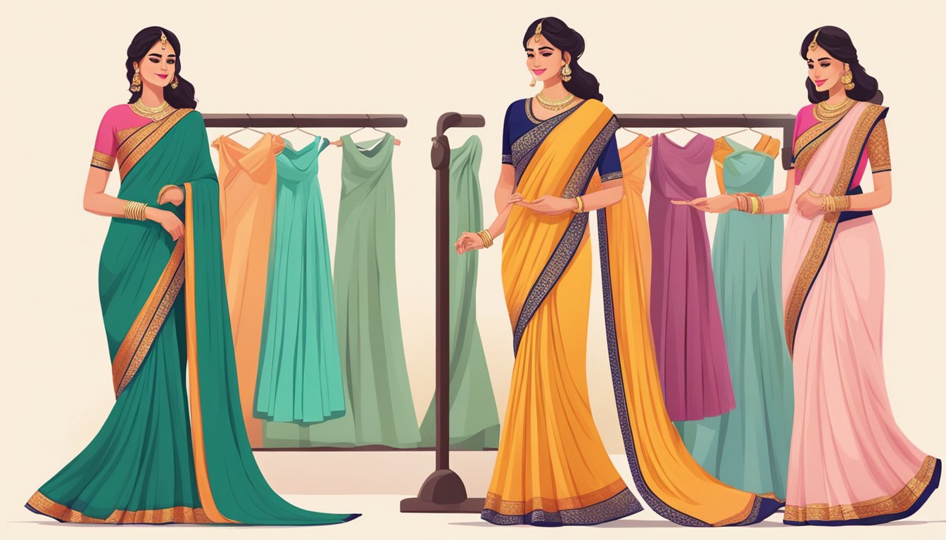 A woman effortlessly selects and purchases a saree gown online, with a smooth and seamless shopping experience